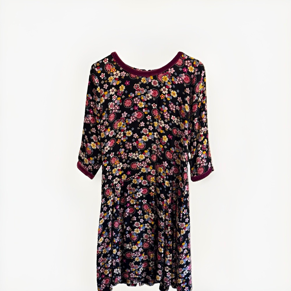 Hanna Andersson Floral Shift Dress Womens M Black Multicolor 3/4 Sleeve Zip Knee